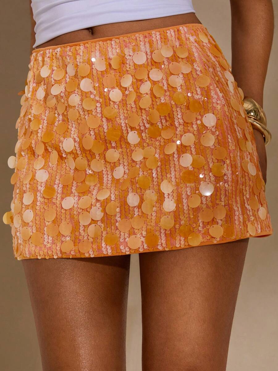 SHEIN Glamour Women's Seductive Orange Sequin Mini Skirt,Summer Holiday Beach Vacation Versatile Date Night Birthday Patchwork Beaded Rhinestone Shimmer Skirt - Orange - View 1