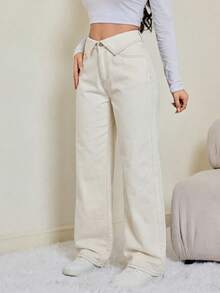 SHEIN Tall Summer Tall Women's Casual High Waisted Beige Wide Leg Denim Pants For Women Fold Over Waistband Casual Jeans Fold-Over Waist Wide Leg Loose Casual White Jeans - Beige - View 5