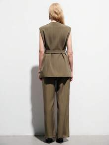 Aveloria Modichic Minimalist Commuter Versatile Elegant Women's Striped Crew Neck Sleeveless Vest With Belt Matching Wide Leg Suit Pants, Women's Suit Set - Coffee Brown - View 7