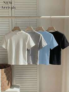 GlowEve 4件套女士纯色刺绣圆领短袖修身露脐T恤，适合日常穿着 - 彩色 - 查看 2