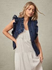 WESTFADE Colete Denim Azul Escuro Elegante de Verão para Brunch Feminino com Gola com Babados, Botões na Frente, Sem Mangas, Mistura de Algodão, Estilo Boho Cowgirl Rodeio Western Country para Concerto - Lavagem escura - Visão 5
