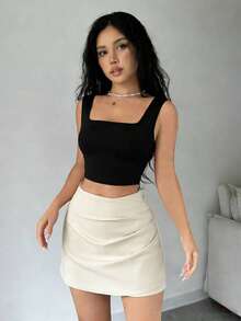 GlowEve New Set: Black Square Neck Wide Strap Camisole Tank Top + High Waist Pleated A-Line Skirt, Fashionable Summer Outfit For Women - Multicolor - View 2