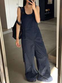 DAZY 女士纯色吊带背心和阔腿裤休闲两件套家居服套装，夏季女装 - 藏蓝色 - 查看 3