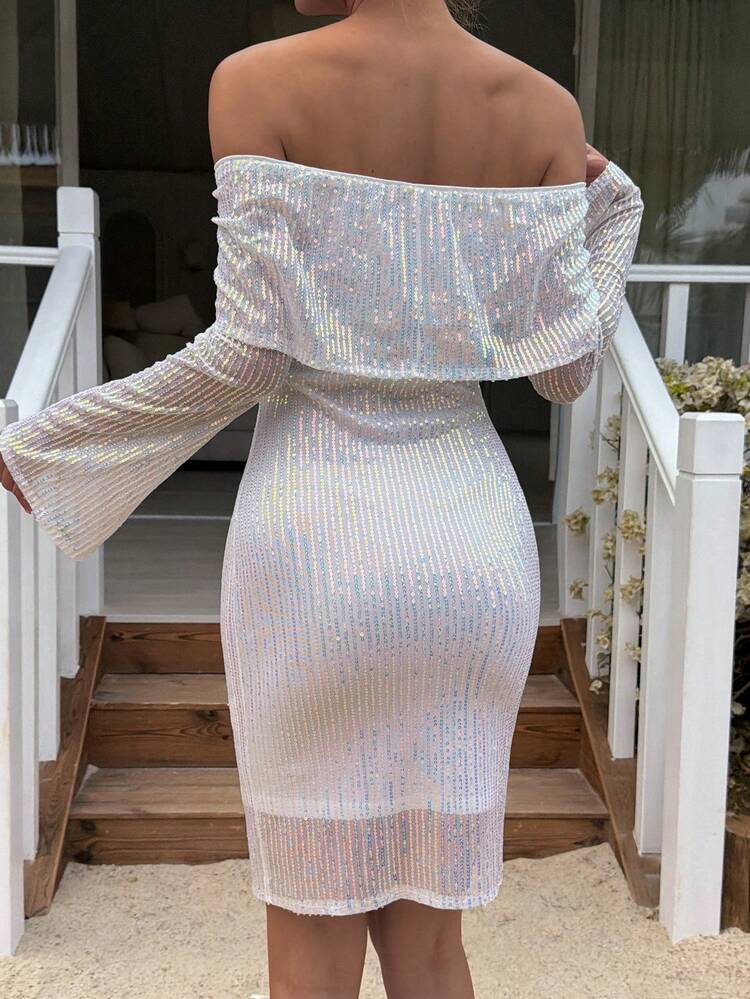 Elegant Off-Shoulder Sequin Mini Dress, Suitable For Summer Party And Occasion Sun Dresses For Women