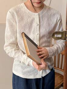 DAZY Tween Girl Minimalist Solid Color Hollow Embroidery Front Button Long Sleeve Shirt, Autumn - Beige - View 4