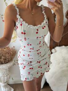 CottageSlumber Comfortable Cherry Print Ribbed Trim Camisole Short Nightgown For Women - White - View 4