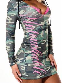 SUMWON WOMEN Camouflage Print Long Sleeve Notch Neck Bodycon Mini Dress With Pink Text Detail For Fall Winter Casual Party - Army Green - View 4