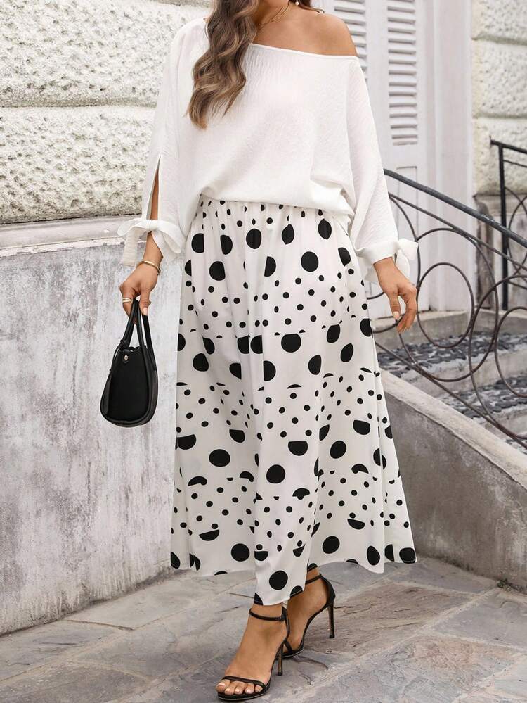 Plus Size Summer Vacation Solid Color Asymmetrical Shoulder Loose Top And Polka Dot Print Skirt 2-Piece Set Long Summer Skirt Casual Skirt Summer Outfits