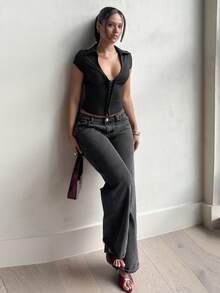 LHSEPT Áo thun tay ngắn màu trơn thanh lịch cổ chữ V sâu cài nút thời trang dành cho nữ - màu đen - Xem 5