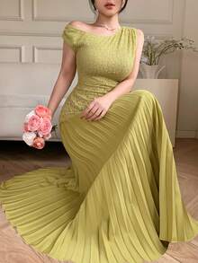 DAZY Đầm dài xếp ly lệch vai, phối ren tinh tế dành cho nữ, thích hợp cho mùa hè, dự tiệc cưới, váy hè. - Màu vàng - Xem 7