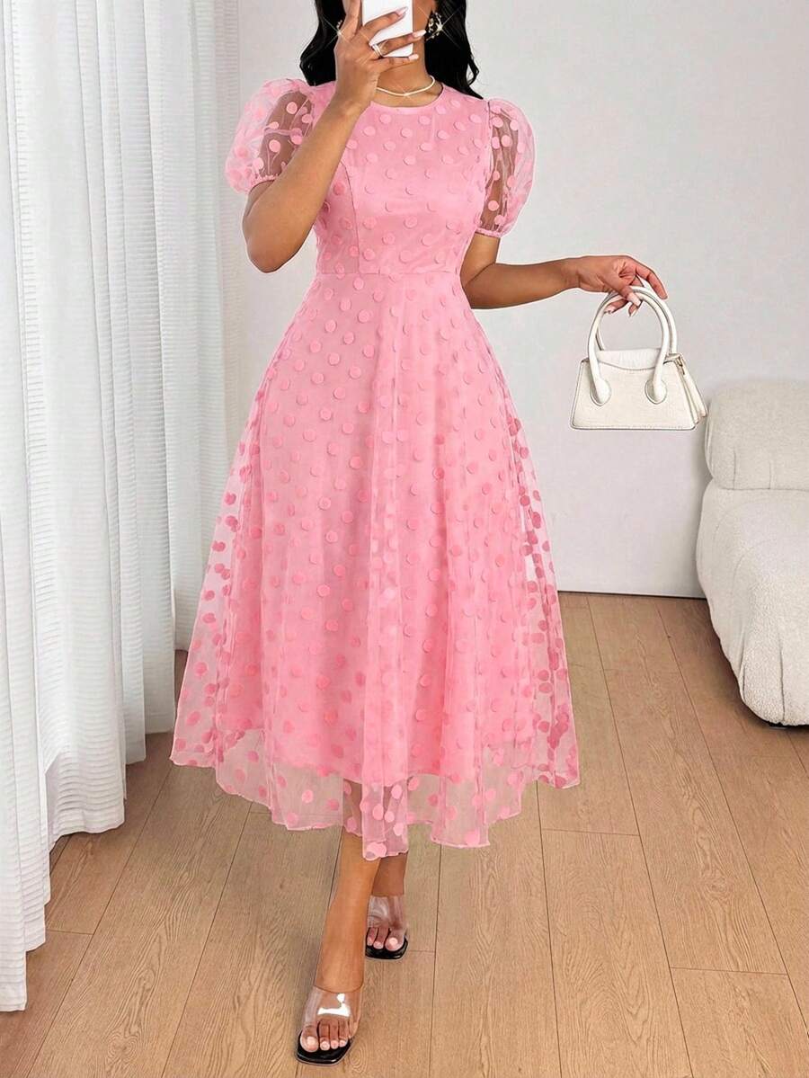SHEIN Lady 女士优雅通勤波点网纱花瓣袖中长连衣裙，夏季 - 粉色 - 查看 1