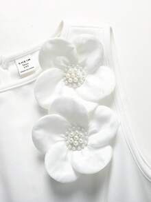 SHEIN Pitira 少女白色优雅3D立体花卉装饰收腰无袖连衣裙，正式场合穿着 - 白色 - 查看 5