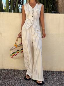 DAZY Women's Casual Striped V-Neck Faux Pocket Camisole And Wide Leg Pants 2-Piece Set, Spring/Summer Short Sets For Women - Beige - View 6