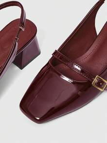 Sleekvia New Burgundy Square Toe Chunky Heel Strap Backless Comfortable Non-Slip Versatile Women High Heel Shoes, Spring/Autumn - Burgundy - View 4