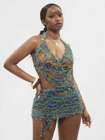 Modviera Spring/Summer Multi-Color Top With Plunging Neckline, Sequins Embellishments, Sparkling Sequins, Waist Belt, Hollow Knit Sexy Alluring Skirt, Romantic Vacation Party Date 2-Piece Set For Women