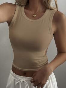 DAZY Women's Summer Round Neck Backless Hollow Design Fitted Cropped Casual Sexy Camisole Top - Khaki - View 2
