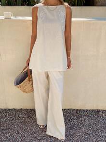 Livesso Bộ đồ nữ mùa hè gồm áo không tay cổ tròn và quần dài in họa tiết (2 món) - Màu Khaki - Xem 3