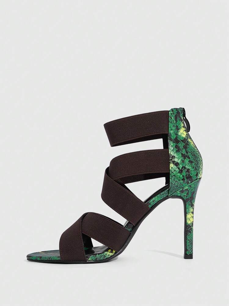CUCCOO SZL European & American Style Snake Skin Pattern Stiletto High Heel Sandals, Sexy, Avant-Garde, Retro Fashionable, Suitable For Women Pursuing Personalized Stylish, Fit For Party, Date, Daily Outing To Enhance Outfit Presence Prom Heels