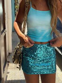 Selianne Women's Gradient Sequin Camisole & Mini Skirt 2 Pieces Set, Suitable For Daily, Beach, And Vacation Wear, Spring/Summer - Blue - View 1
