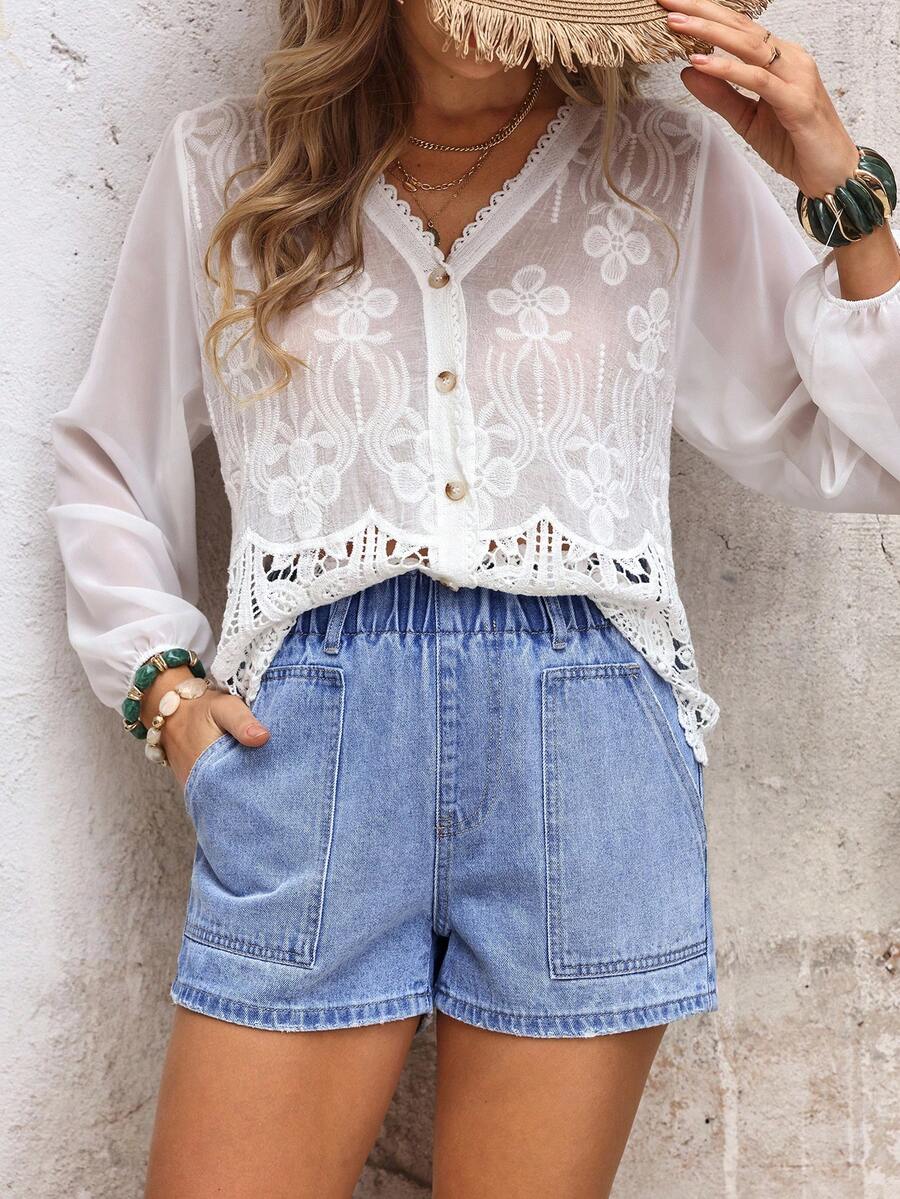 Breezaya Quần short denim nữ kiểu dáng thường ngày, đa năng, có túi. - Màu xanh lam - Xem 1