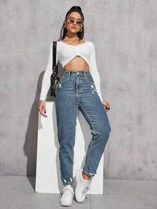 SHEIN ICON 大码女式休闲度假街头破洞无弹力浅灰色牛仔裤 - 淺色水洗藍 - 查看 4