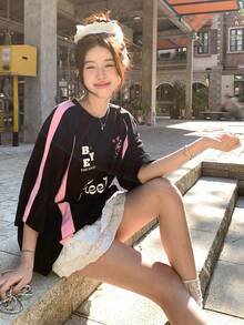 DAZY 女士圆领撞色英文印花短袖T恤图案T恤 - 黑色 - 查看 7