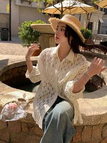 DAZY Áo sơ mi nữ tay dài cổ ren kiểu dáng thường ngày - Màu be - Xem 10