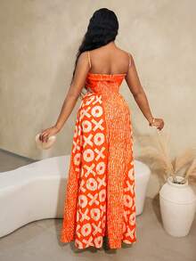 BamGleam Robe à bretelles fines avec imprimé mode et patchwork pour femme - Orange - Voir 2