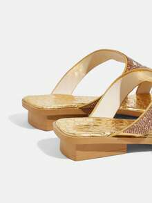 CUCCOO TILAWA 1 Pair Women's Low Heel Flat Sandals, Glamorous Sequin Hollow-Out Strap Slide Sandals - Gold - View 3