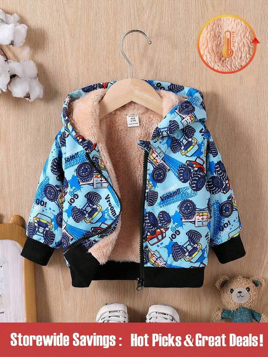 Chaqueta con capucha de forro polar con estampado de coche casual para bebé niño, otoño/invierno - Multicolor - Ver 1