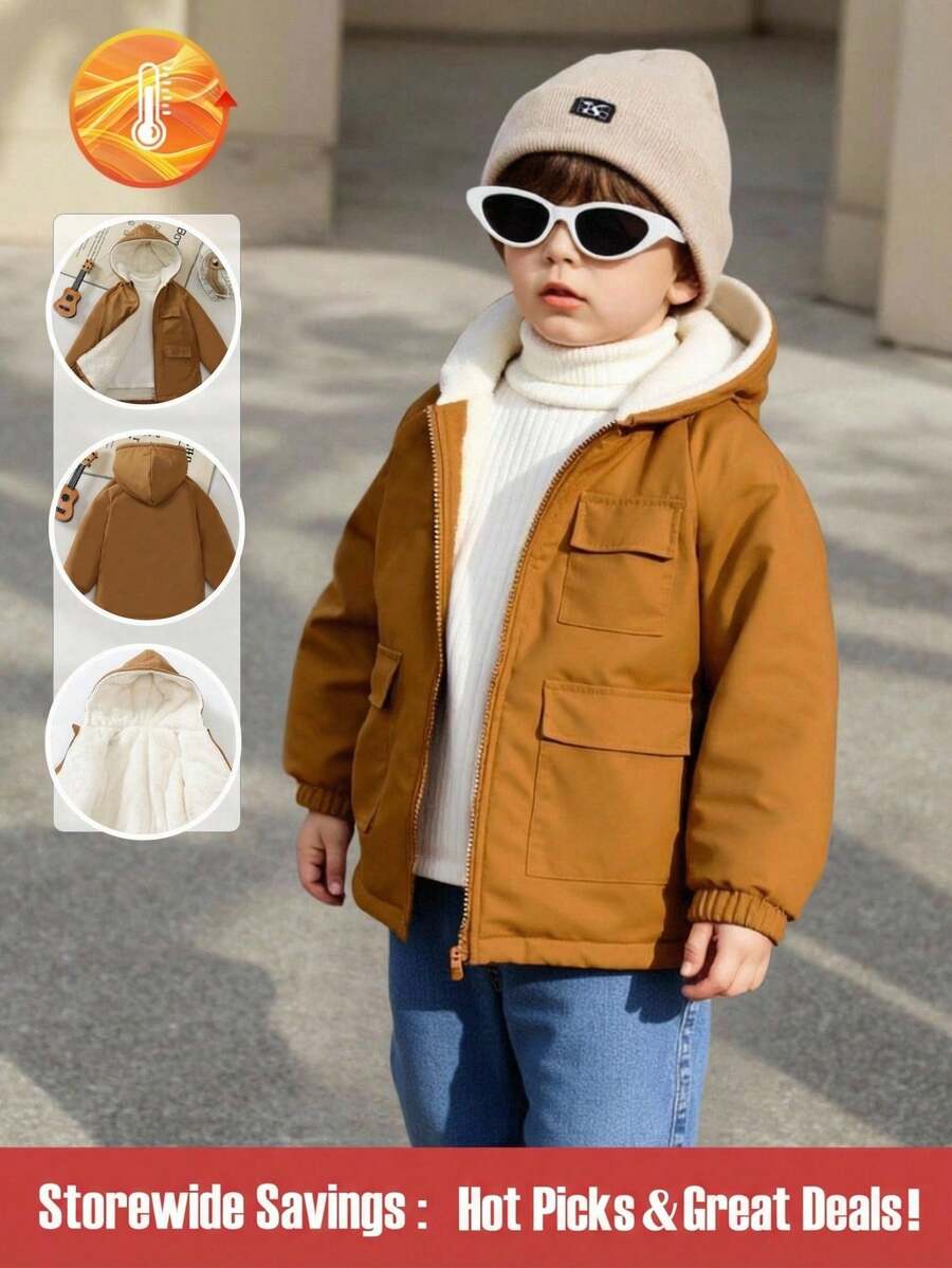 1件男童休闲卡其色加厚白色抓绒连帽长袖连体衣，简约时尚，适合4-7岁男童日常休闲穿着，返校季必备 - 咖啡棕 - 查看 1