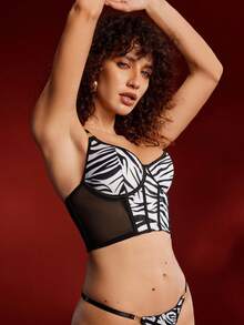 Women's Printed Milk Silk Mesh Underwire Fishbone Bra - Black - View 2