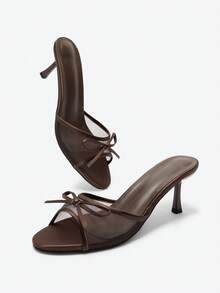 Giày cao gót hở mũi lưới thoáng khí cho nữ, trang trí nơ, phong cách tối giản đa năng mùa hè mới về - Màu Khaki - Xem 4