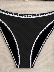 SHEIN 少女夏季泳装度假条纹露背系带性感比基尼套装，2件套，夏季沙滩 - 黑與白 - 查看 4