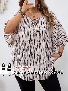 SHEIN CURVE+ Curve 尺码 US22 音乐节、海滨度假、波西米亚风女式圆领印花休闲百搭日常衬衫 - 米色 - 查看 1