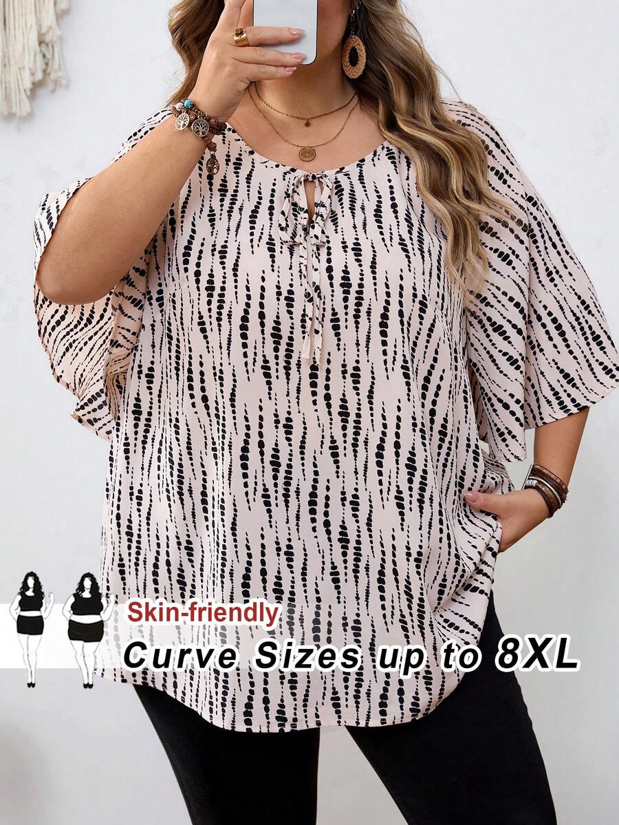 SHEIN CURVE+ Curve 尺码 US22 音乐节、海滨度假、波西米亚风女式圆领印花休闲百搭日常衬衫 - 米色 - 查看 1
