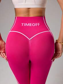 Sovereign Charm 女士字母印花高腰休闲健身紧身裤 - 玫紅色 - 查看 6