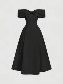 SHEIN MOD Đầm midi nữ màu trơn, trễ vai, xếp ly, thắt eo thanh lịch, thích hợp cho các buổi hẹn hò và tiệc tùng. - màu đen - Xem 6