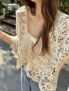 DAZY 女士镂空长袖度假风吊带衫 - 米色 - 查看 6