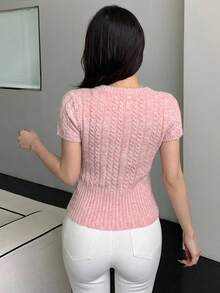 DAZY 女士V领短款纹理修身套头毛衣 - 粉色 - 查看 4