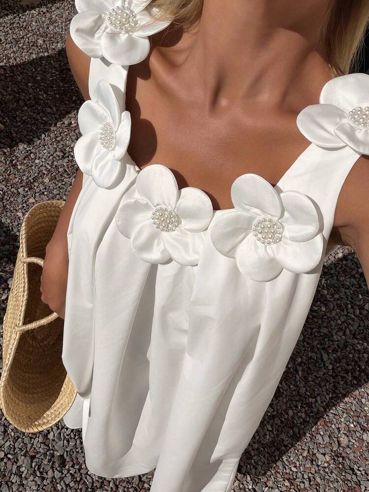 Women's Summer Island Vacation White 3D Floral Sleeveless Spaghetti Strap Dress, Loose Flowy Vacation Style Sundress