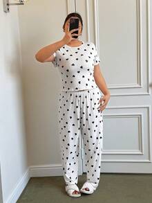 SHEIN Plus Size Sexy Heart Print Short Sleeve Pajama Set Two Piece Set Plus Curve Two Piece Set Casual Two Piece Set Two Piece Set Two Piece Set Women - Multicolor - View 4