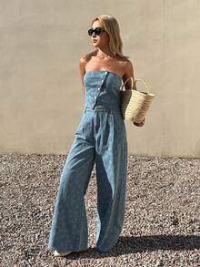 DAZY Women's Casual Denim Camisole Top And Pants Set, Blue Textured, Summer - Blue - View 5