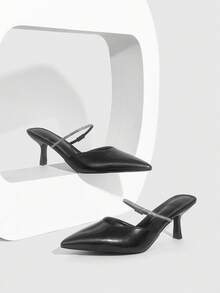 CUCCOO SZL Mules de tacón alto elegantes con decoración de diamante de imitación y punta puntiaguda para mujer - Negro - Ver 4