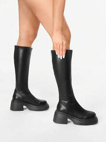 Glitzique 新款厚底粗腿高筒靴，带松紧带，不掉落靴口，秋冬款，女靴 - 黑色 - 查看 7