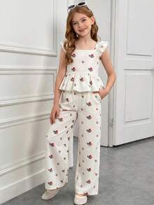 SHEIN 2pcs Tween Girls Woven Square Neck Ruffle Trim Casual Camisole And Pants Set - Beige - View 3