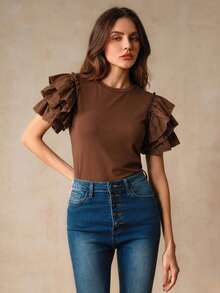 Anewsta Women's Spring Round Neck Petal Sleeve Frill Trim Splice Short Sleeve Casual T-Shirt - Coffee Brown - View 5