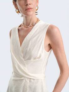Aalyst Women's Summer Casual Solid Color Wrap Sleeveless Shirt - Apricot - View 4