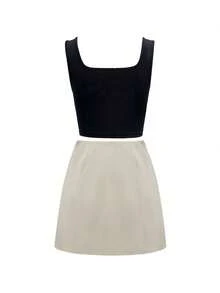 GlowEve New Set: Black Square Neck Wide Strap Camisole Tank Top + High Waist Pleated A-Line Skirt, Fashionable Summer Outfit For Women - Multicolor - View 3