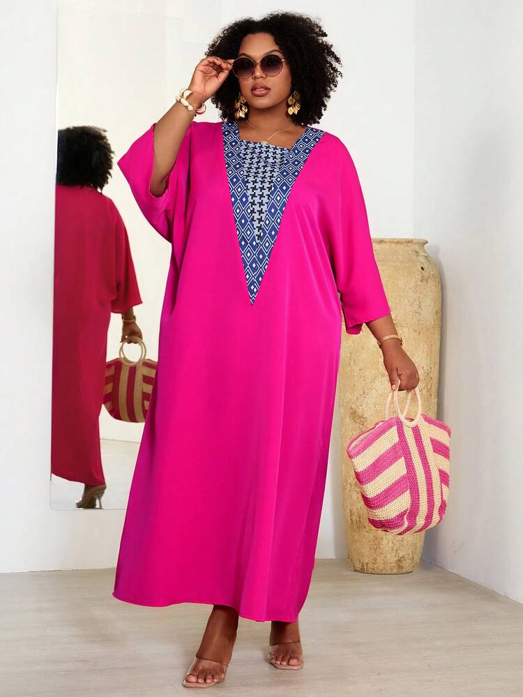 Plus Size Women Vacation Patchwork Geometric Print 3/4 Sleeve Casual Dress Summer Outfits Summer Clothes  Spring  Spring Outfit Women Spring Clothes Beach Vacation Outfits For Women Bohemian Plus Size Resort Wear Caftan Dress